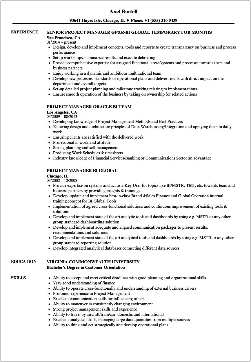 Project Manager Business Intelligence Resume