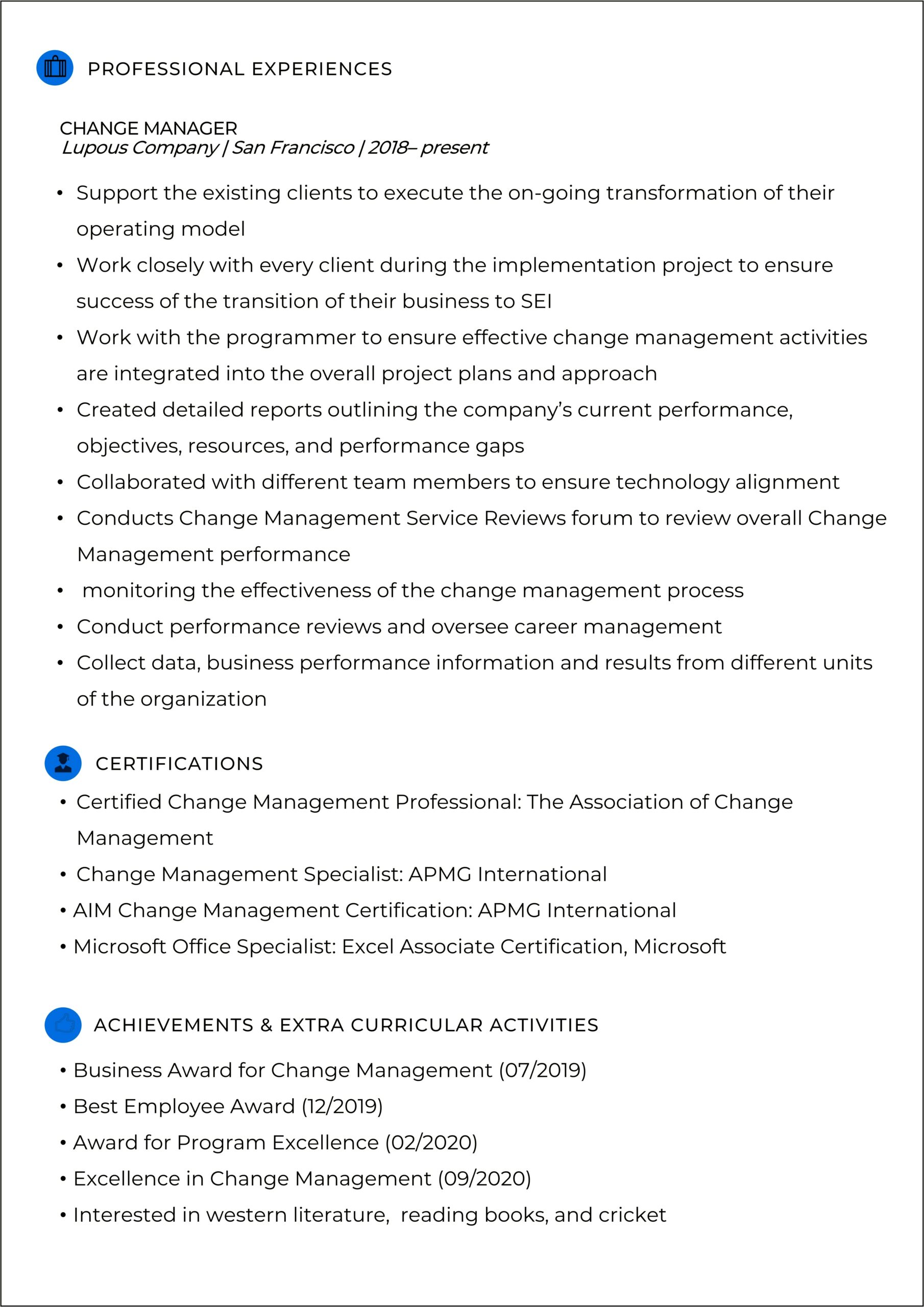Project Manager Change Management Resume