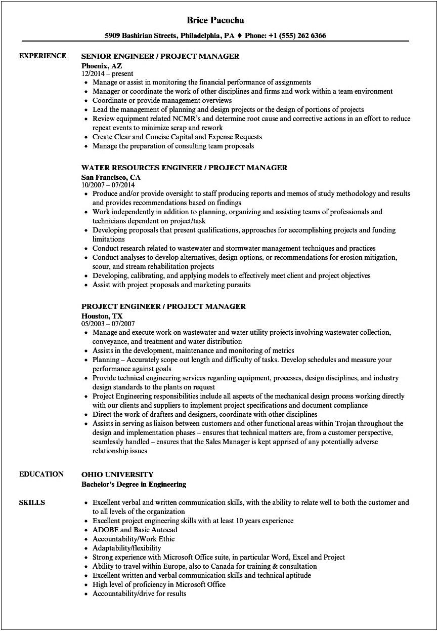 Project Manager Civil Sample Resume