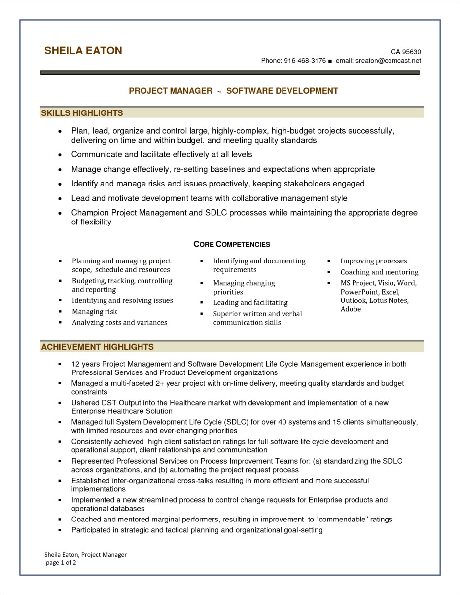 Project Manager Core Competencies Resume
