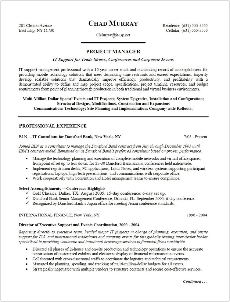 Project Manager Data Center Resume