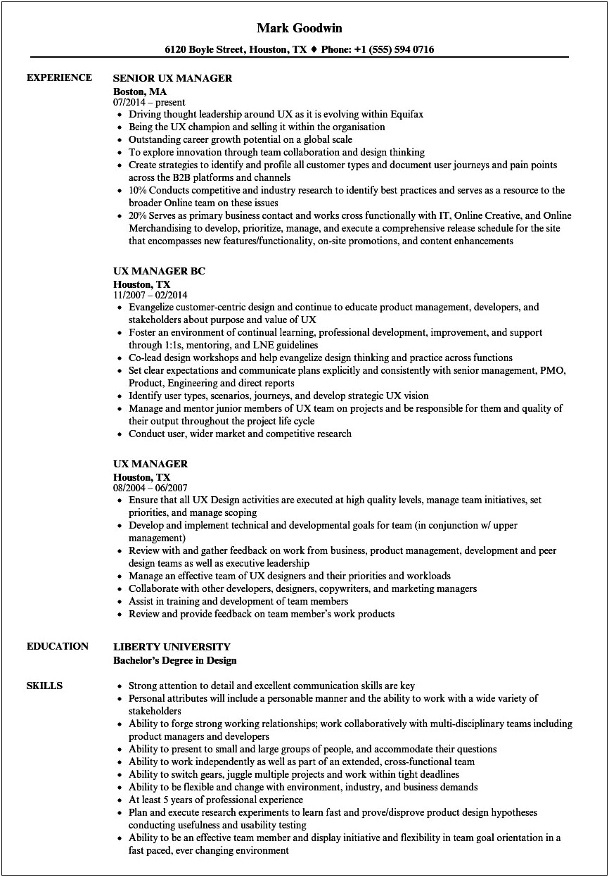 Project Manager Design Ux Resume