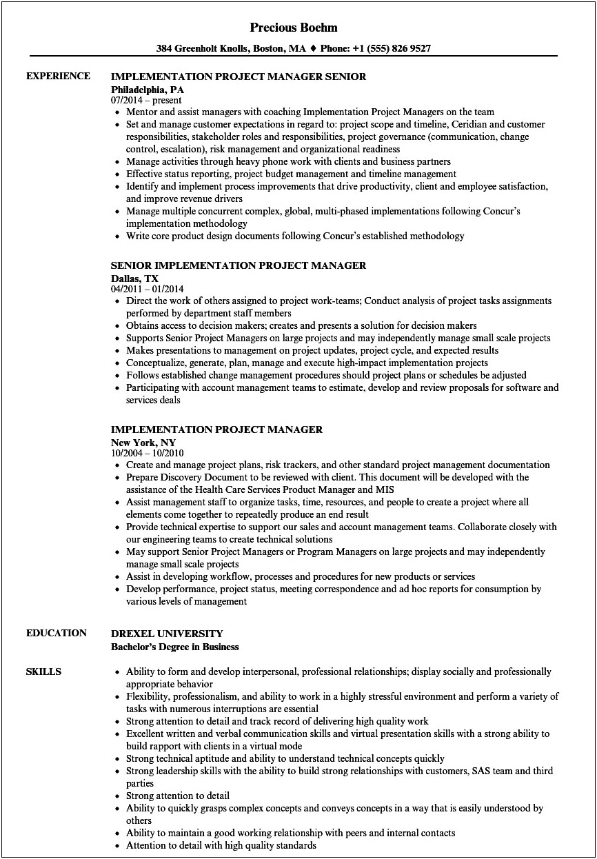 Project Manager Epic Systems Resume