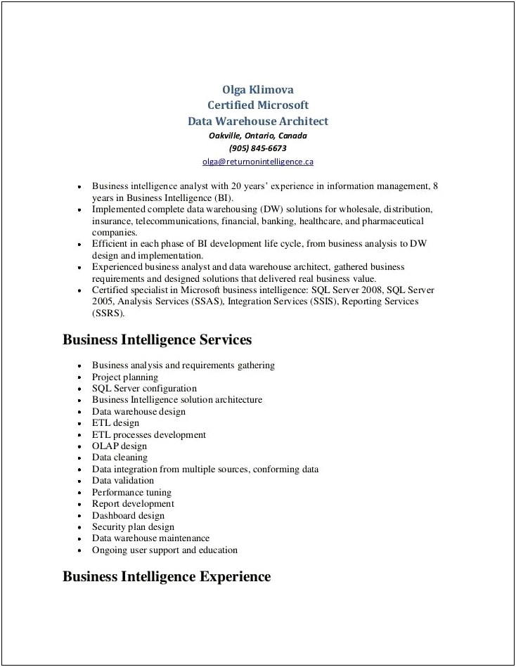 Project Manager For Dataware House And Analytics Resume