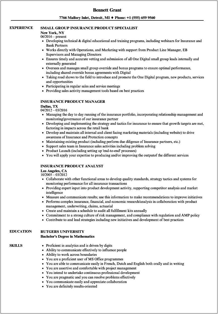 Project Manager For Insurance Companty Resume