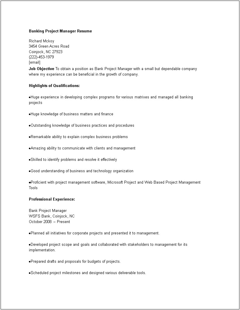 Project Manager Job Description Sample Resume
