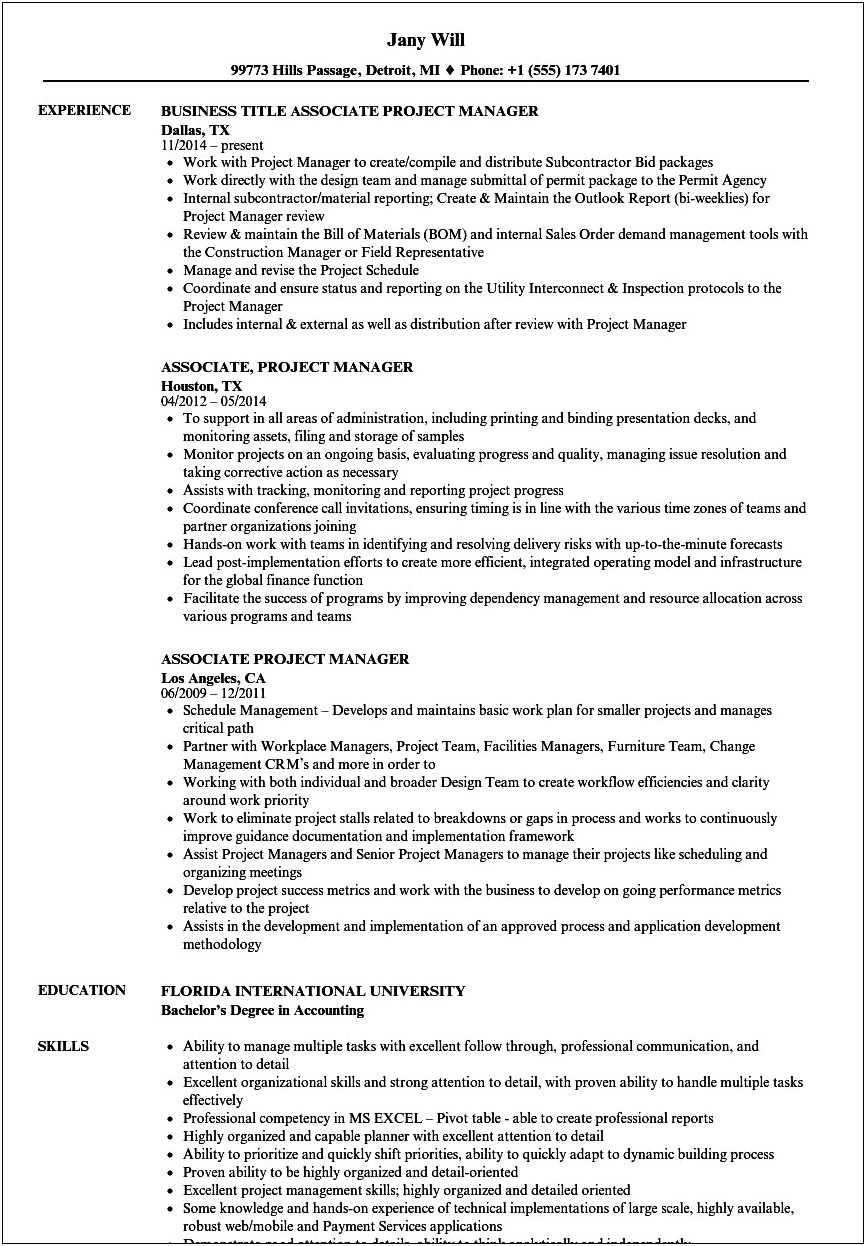 Project Manager Job Resume Description