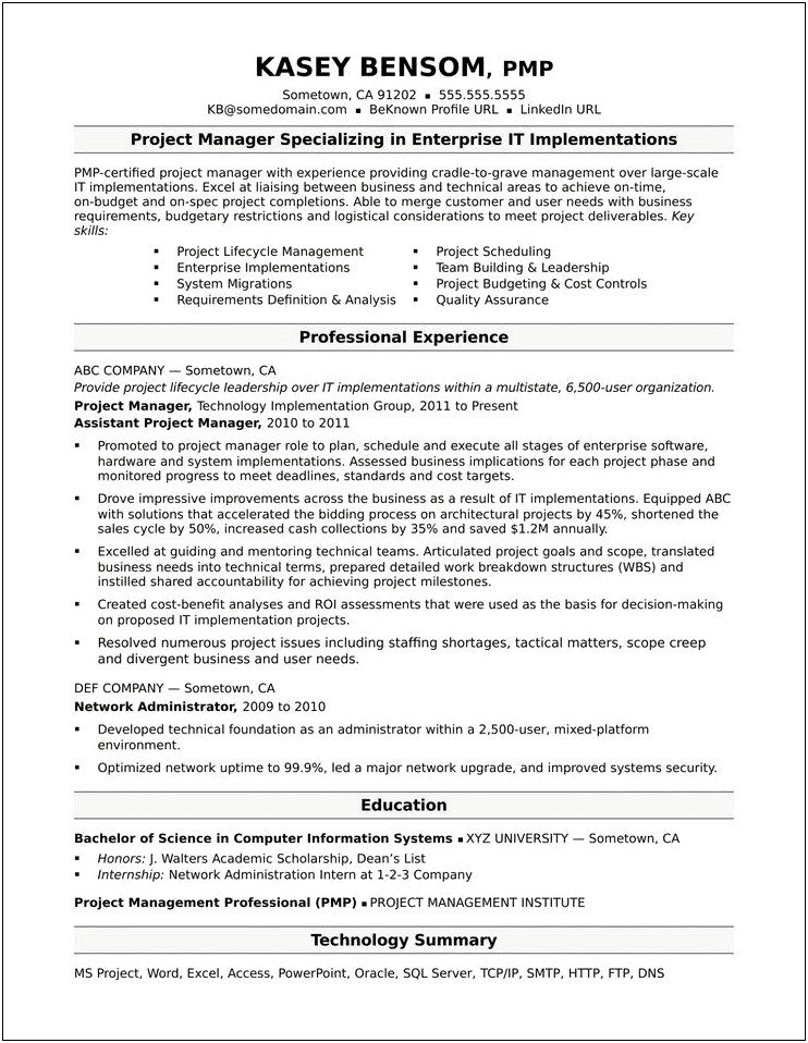 Project Manager Job Resume Sample