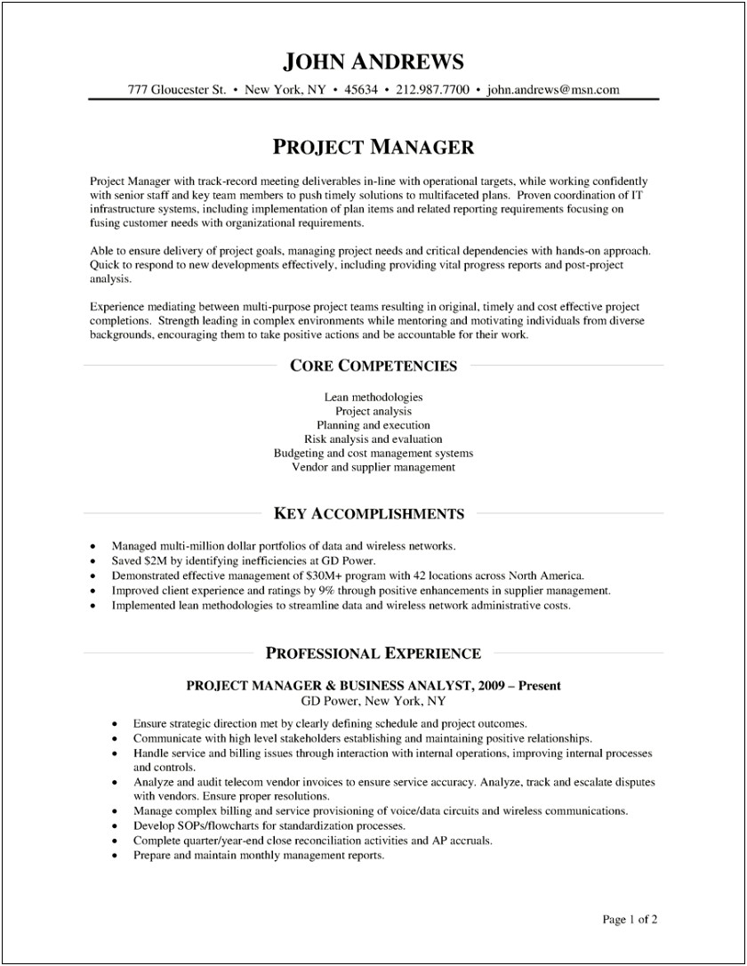 Project Manager Production Support Resume