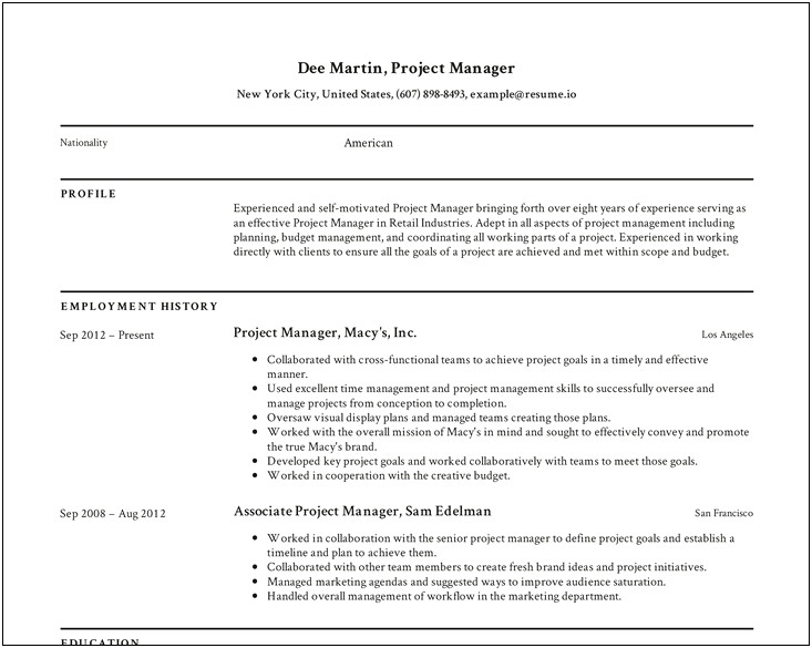 Project Manager Project Description Resume