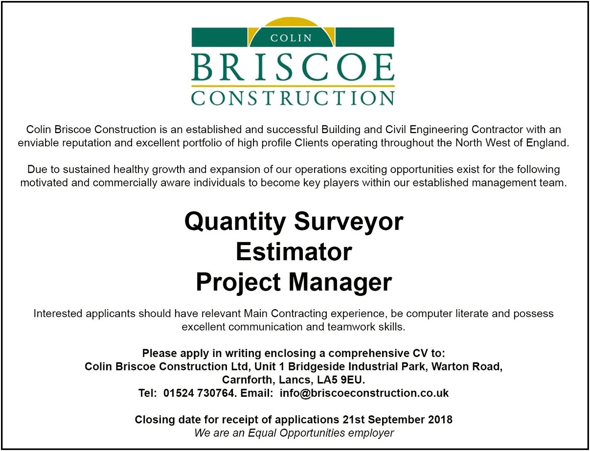 Project Manager Quantity Surveying Estimating Resume