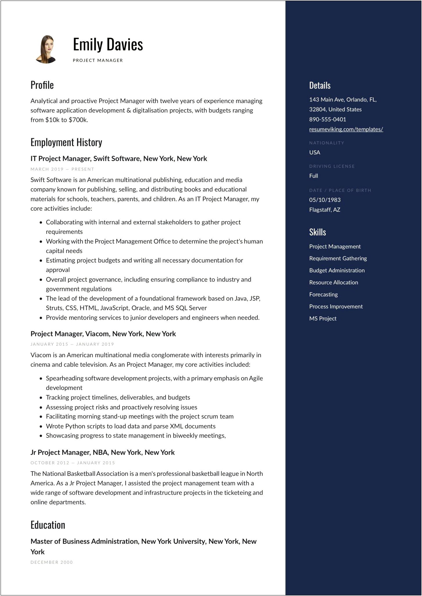 Project Manager Resume Samples Pdf
