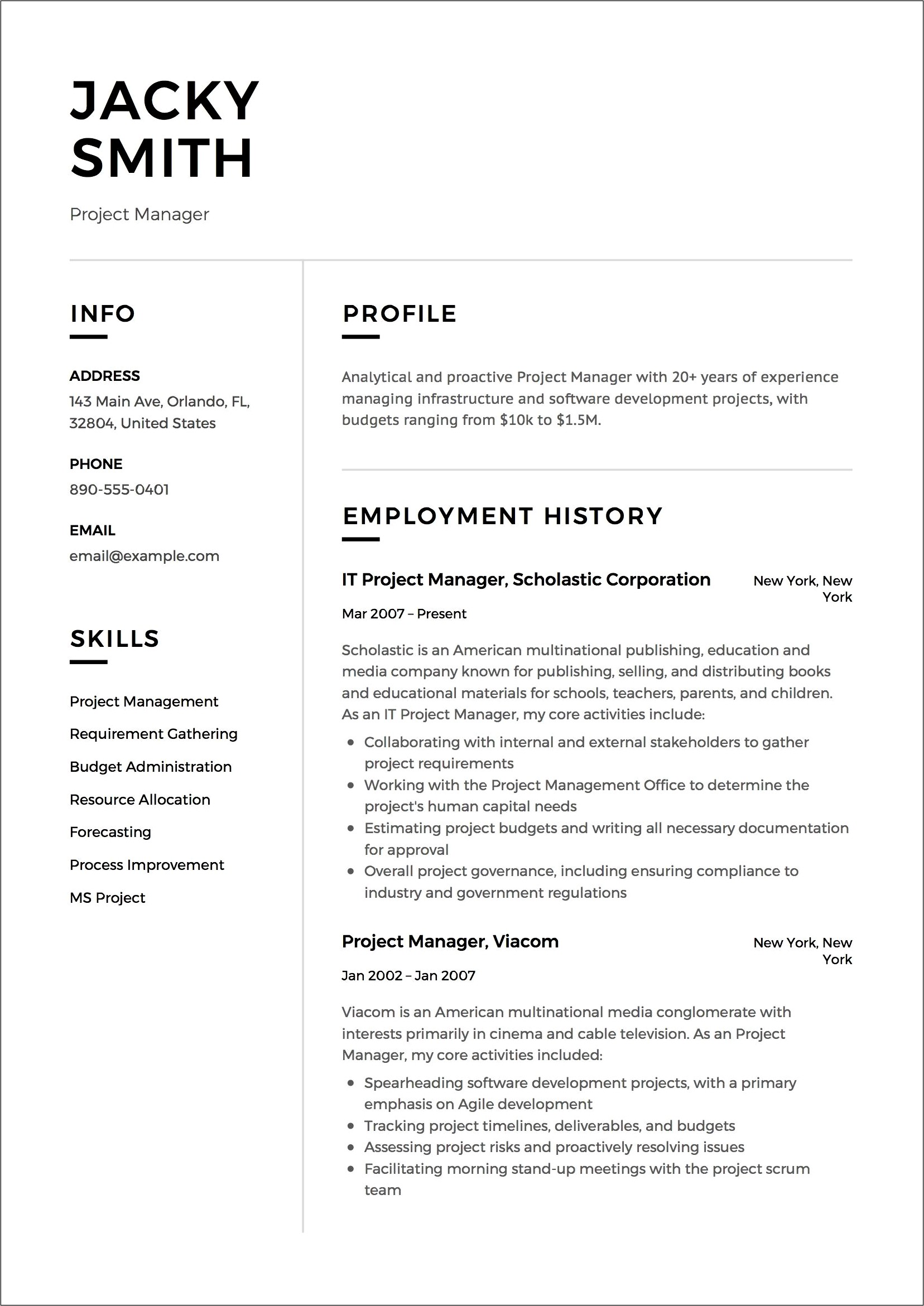 Project Manager Resume Template Monster