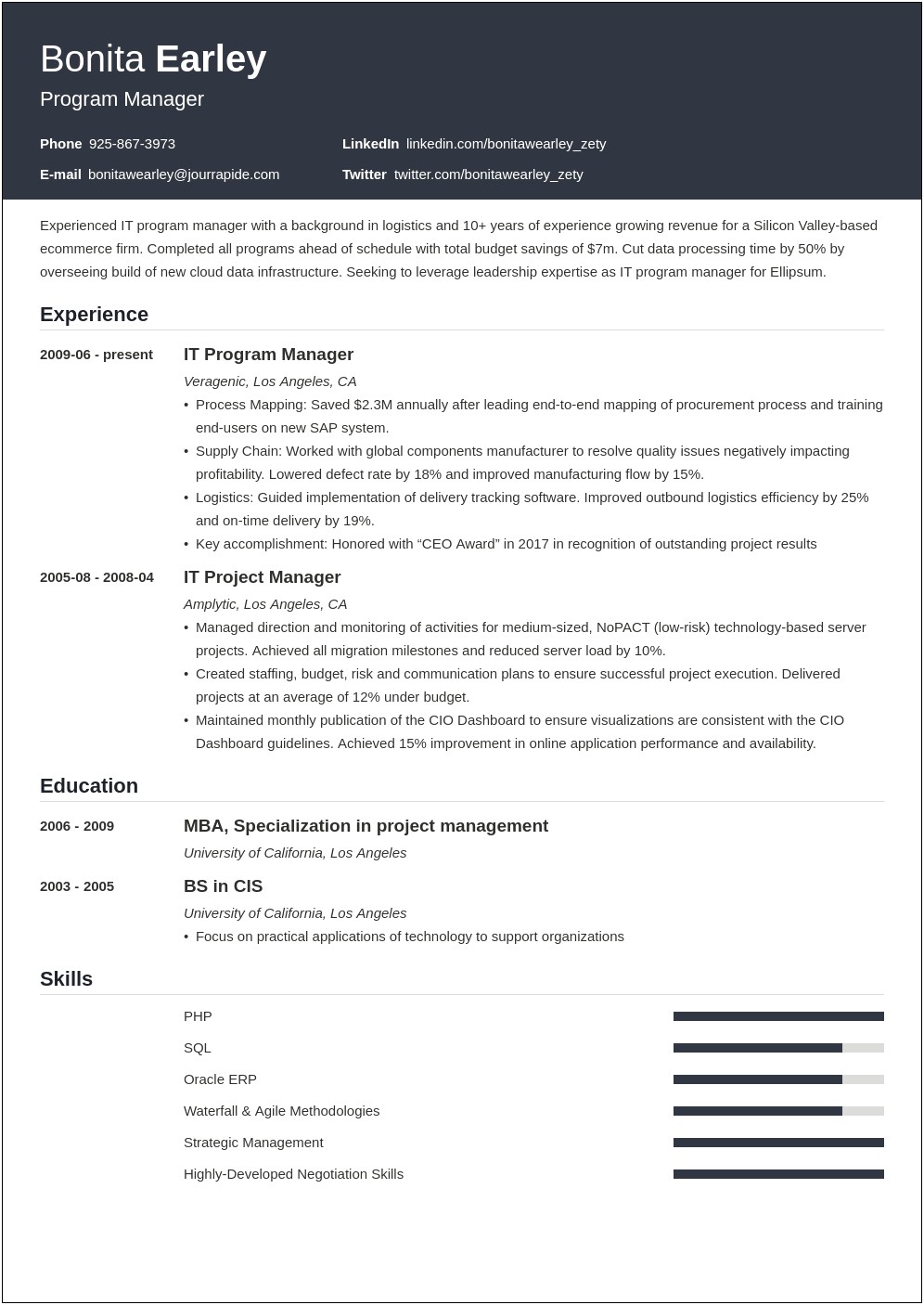 Project Manager Resume With Cloud Experience