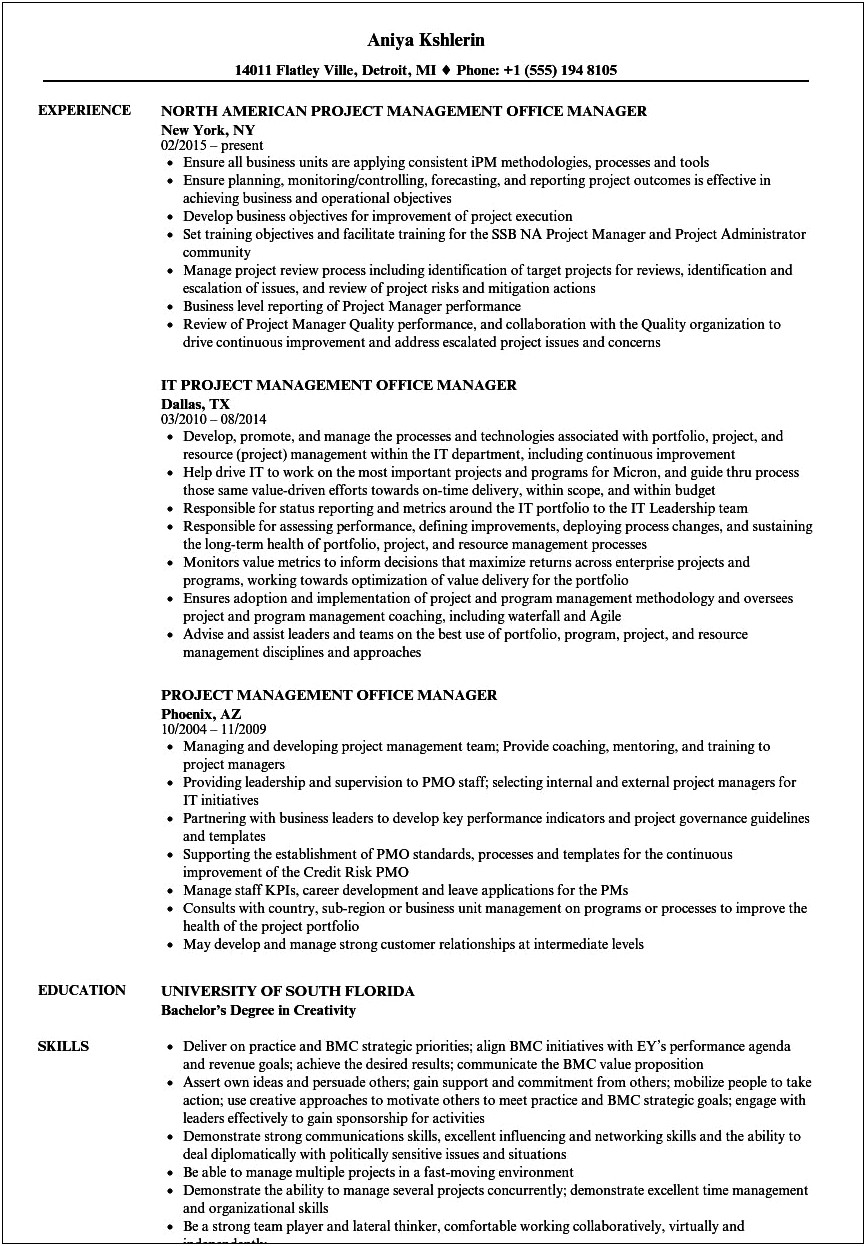 Project Manager Resume With Office Move