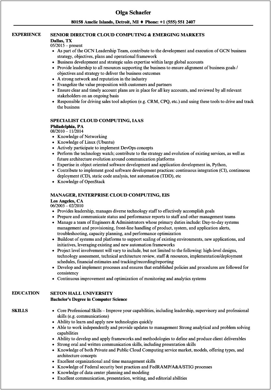 Project Manager Sample Resume Cloud Computing