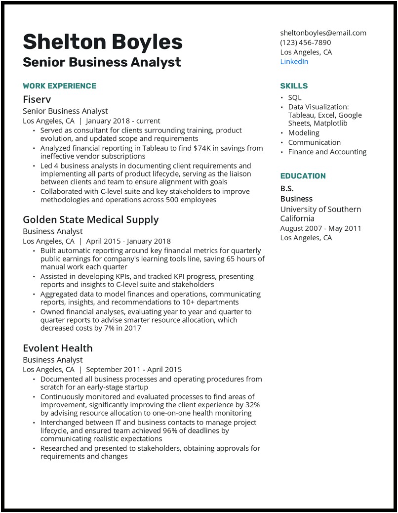 Property And Casualty Business Analyst Sample Resume