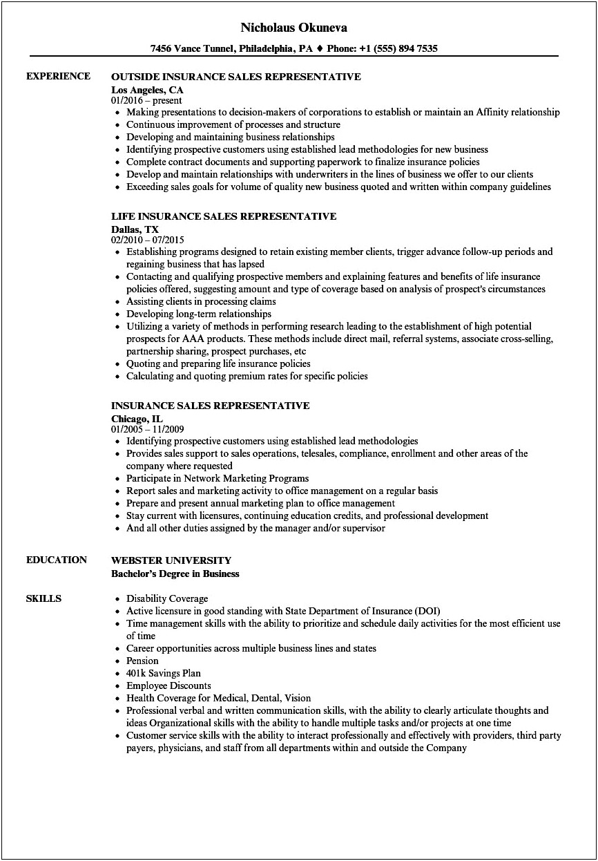 Property And Casualty Insurance Agent Resume Examples