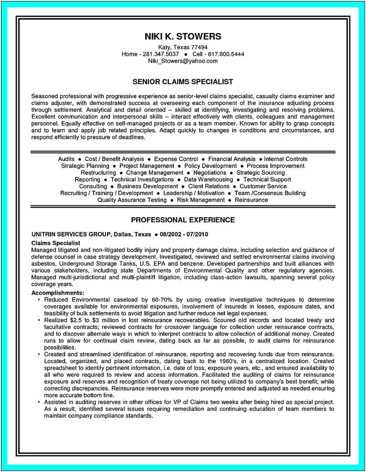 Property Claims Adjuster Resume Objective