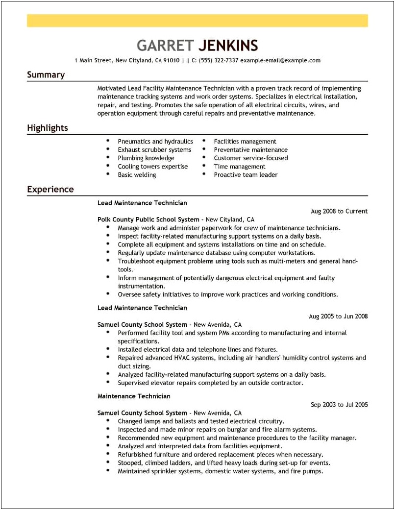 Property Maintenance Resume Objective Examples