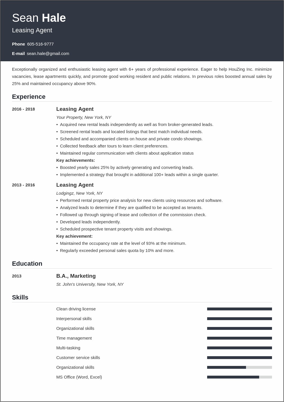 Property Management Leasing Agent Resume