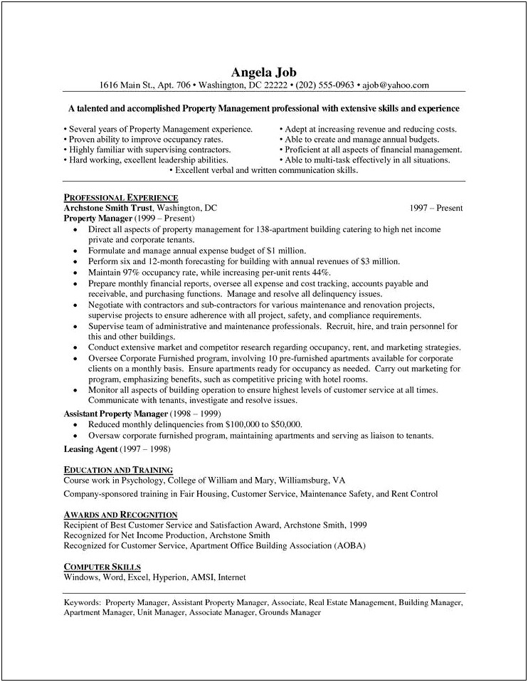Property Management Qualifications For Resume