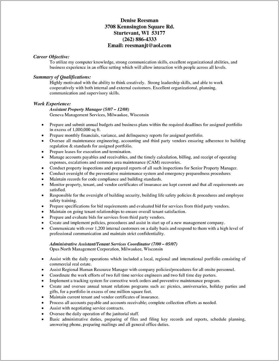 Property Management Resume Objective Examples