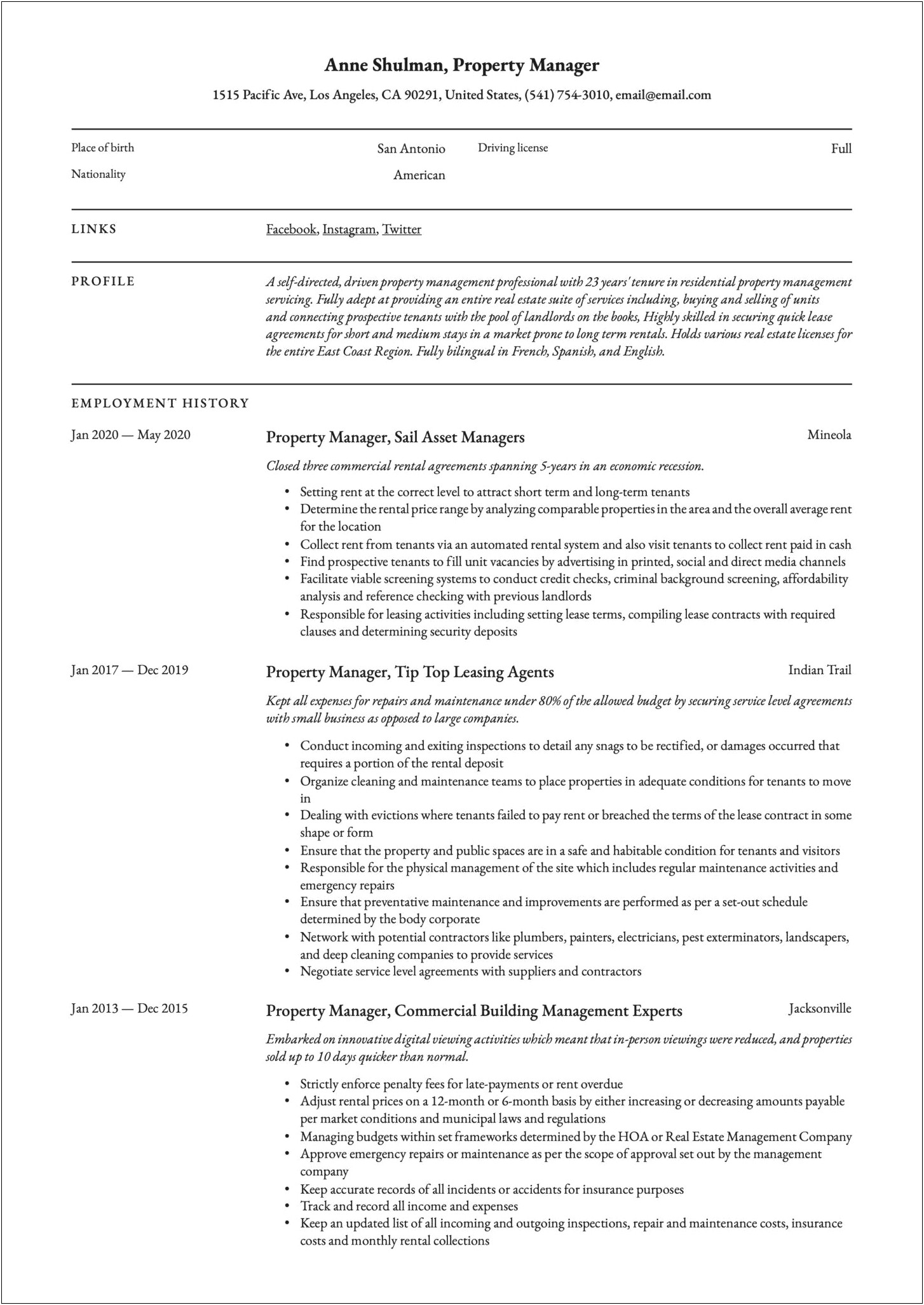 Property Manager Description For Resume