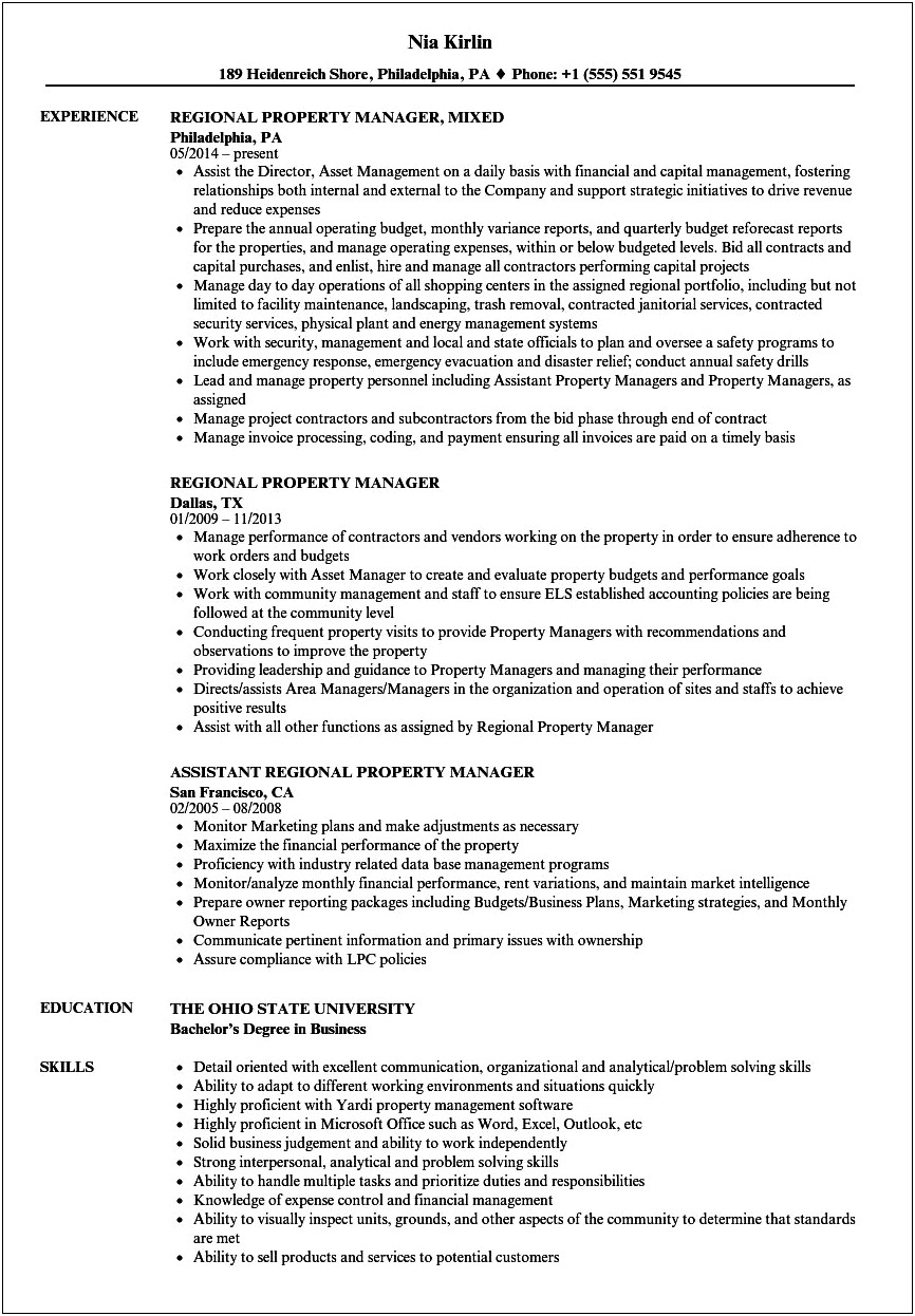 Property Manager Duties For Resume