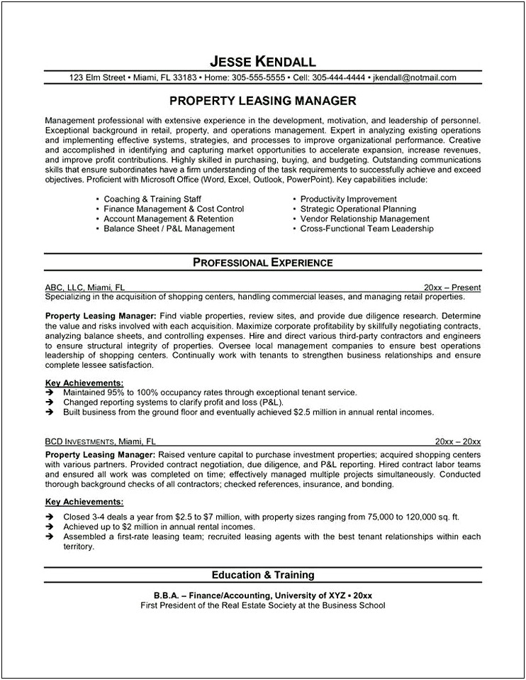 Property Manager Leasing Agent Resume