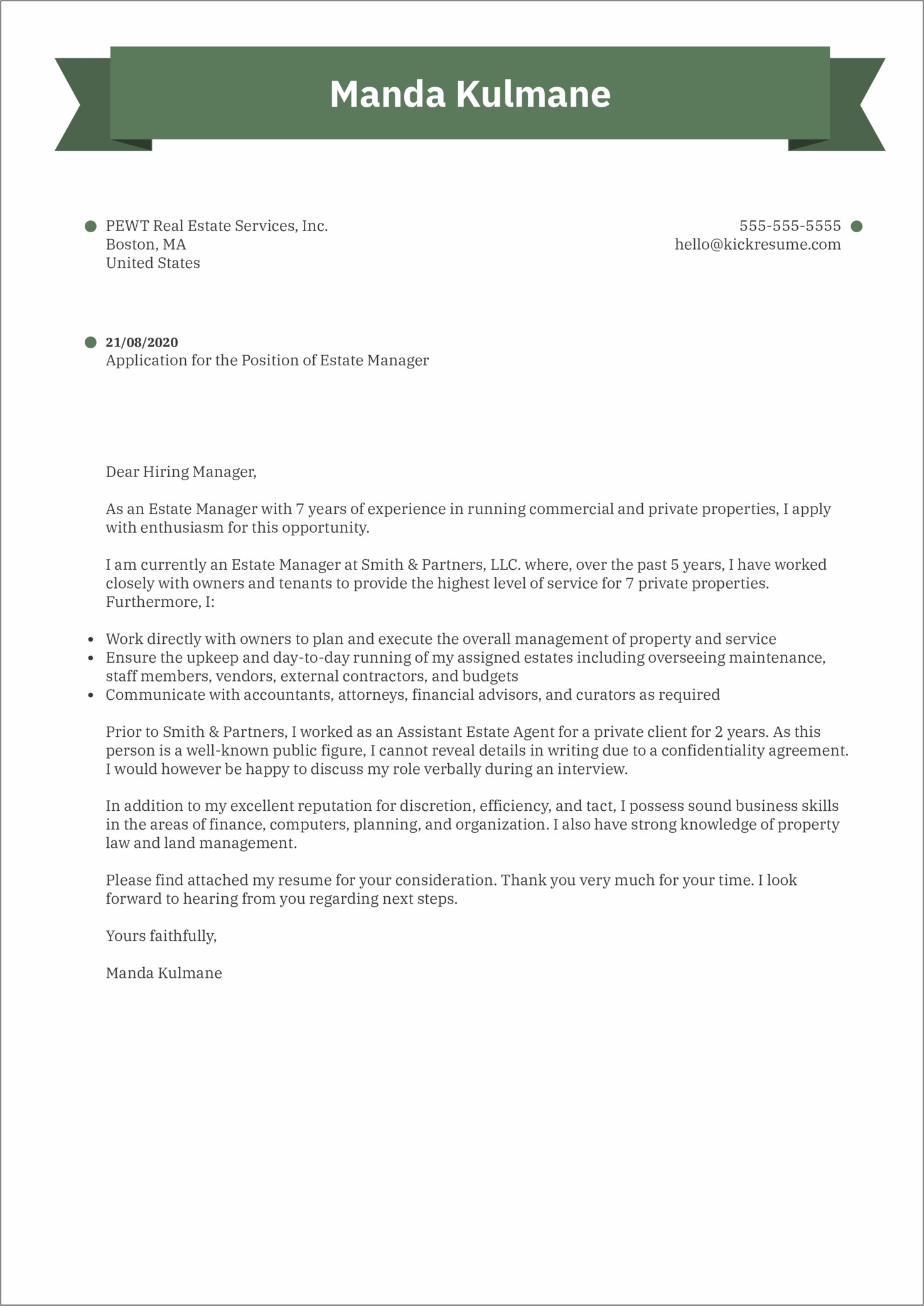 Property Manager Resume Cover Letter
