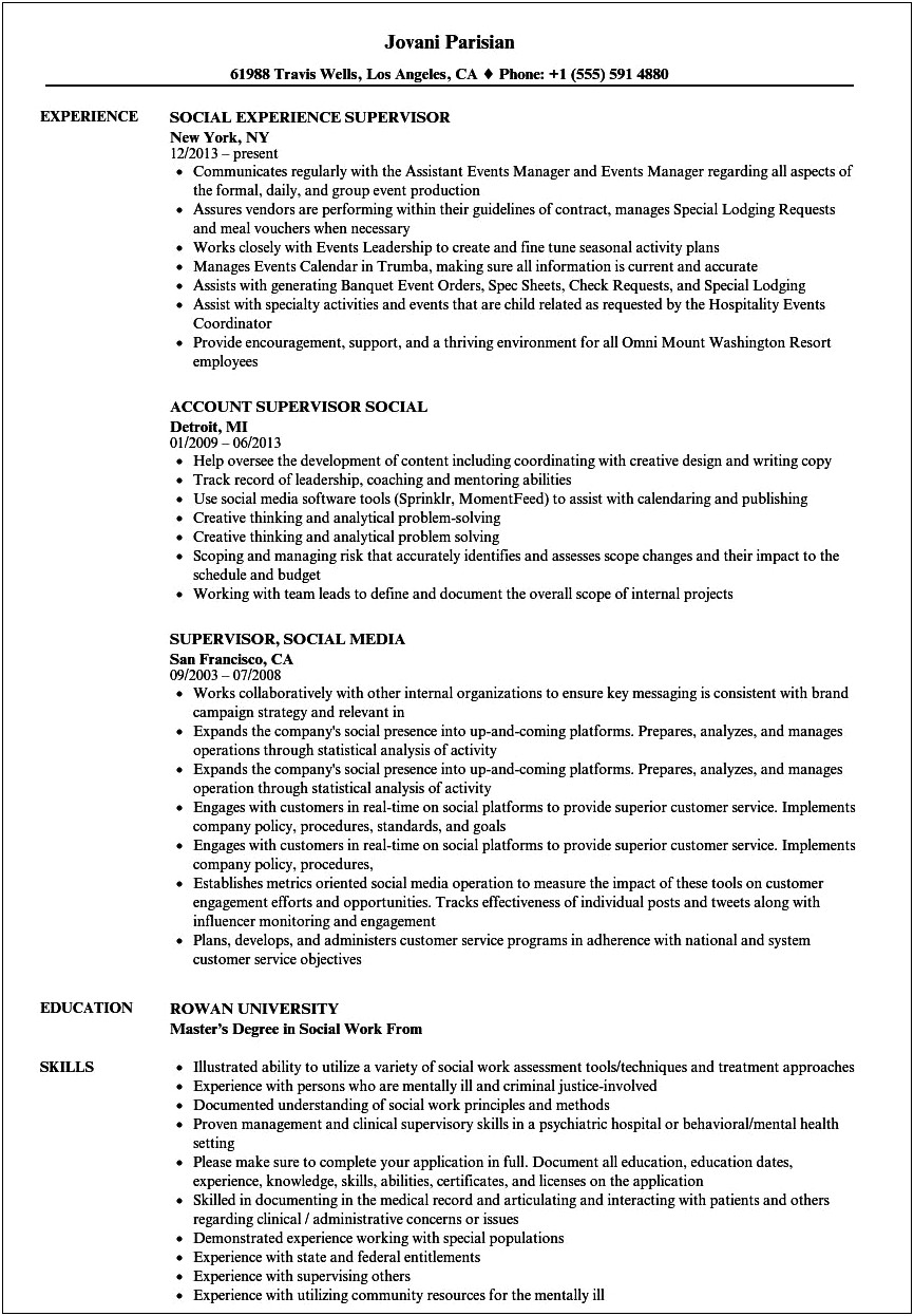 Providing Clinical Supervision Social Work On Resume