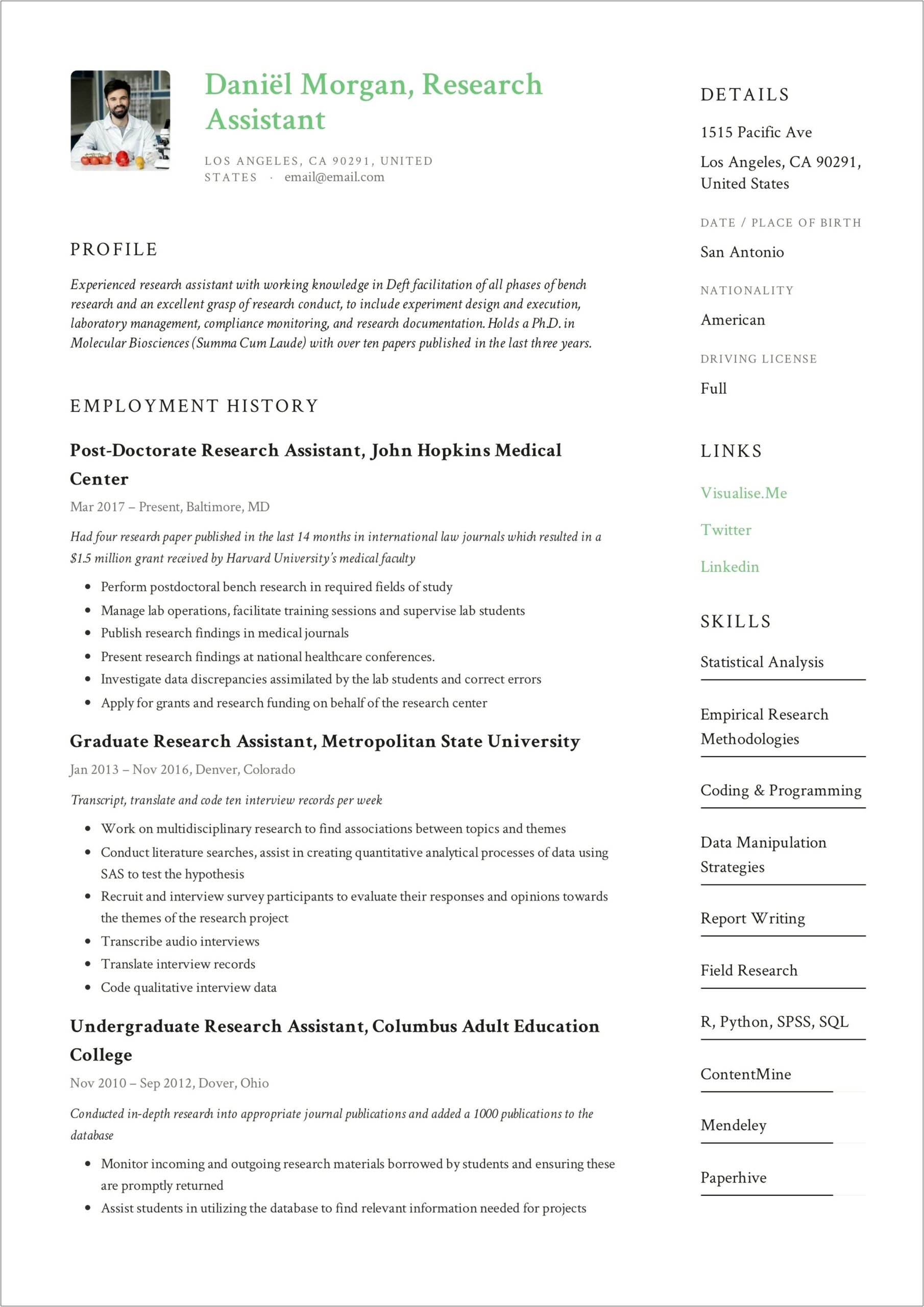 Psychology Research Assistant Resume Example