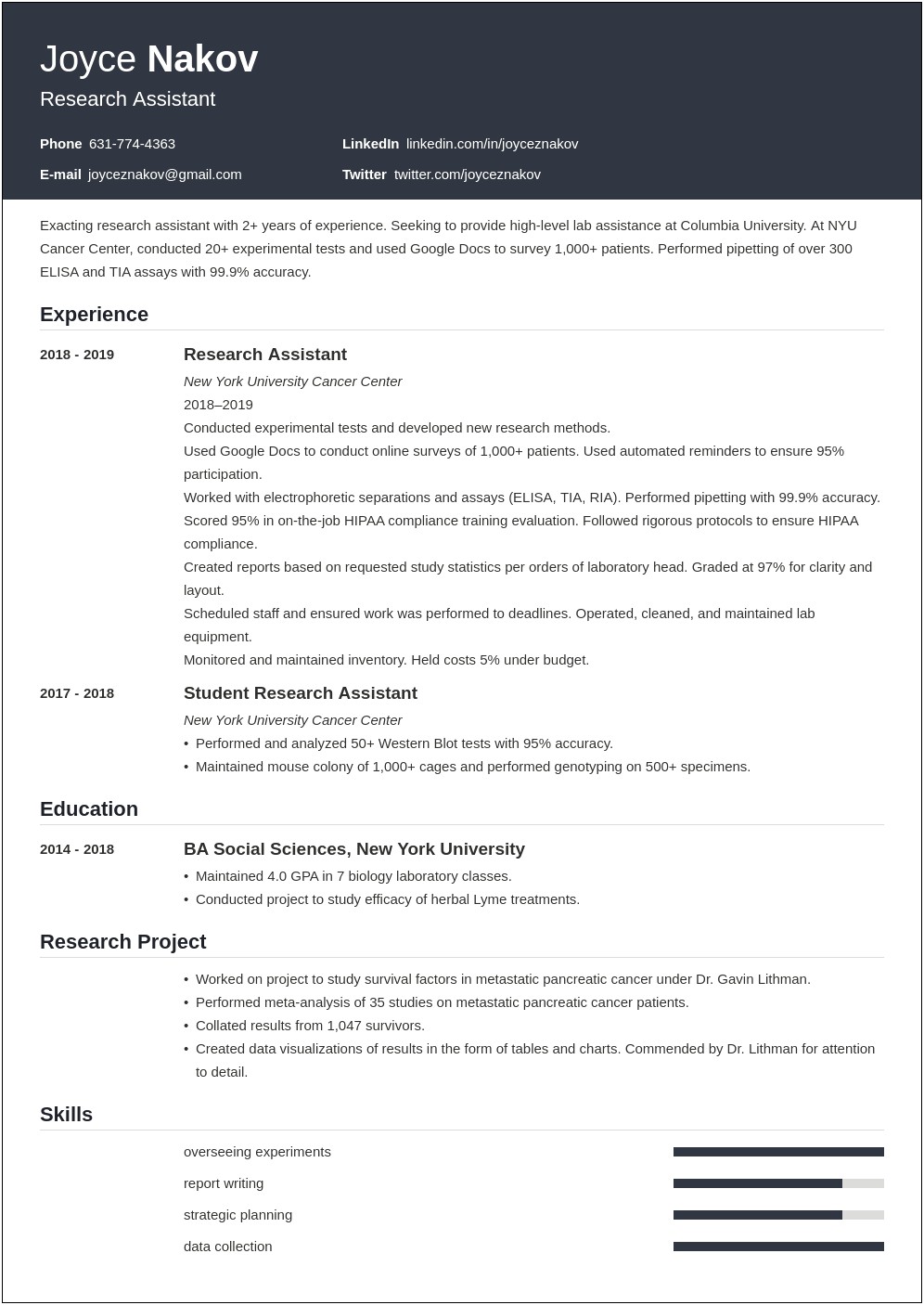 Psychology Research Assistant Resume Sample