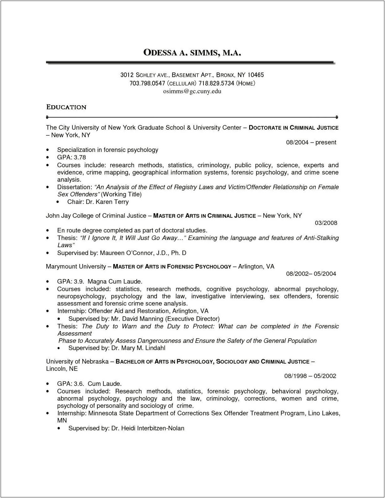Psychology Research Internship Description For Resume