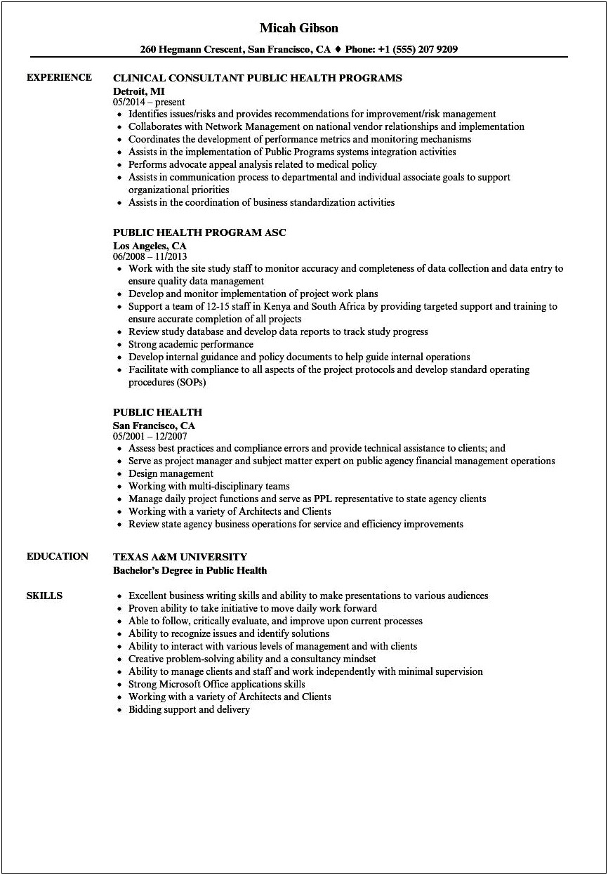 Public Health Project Manager Resume