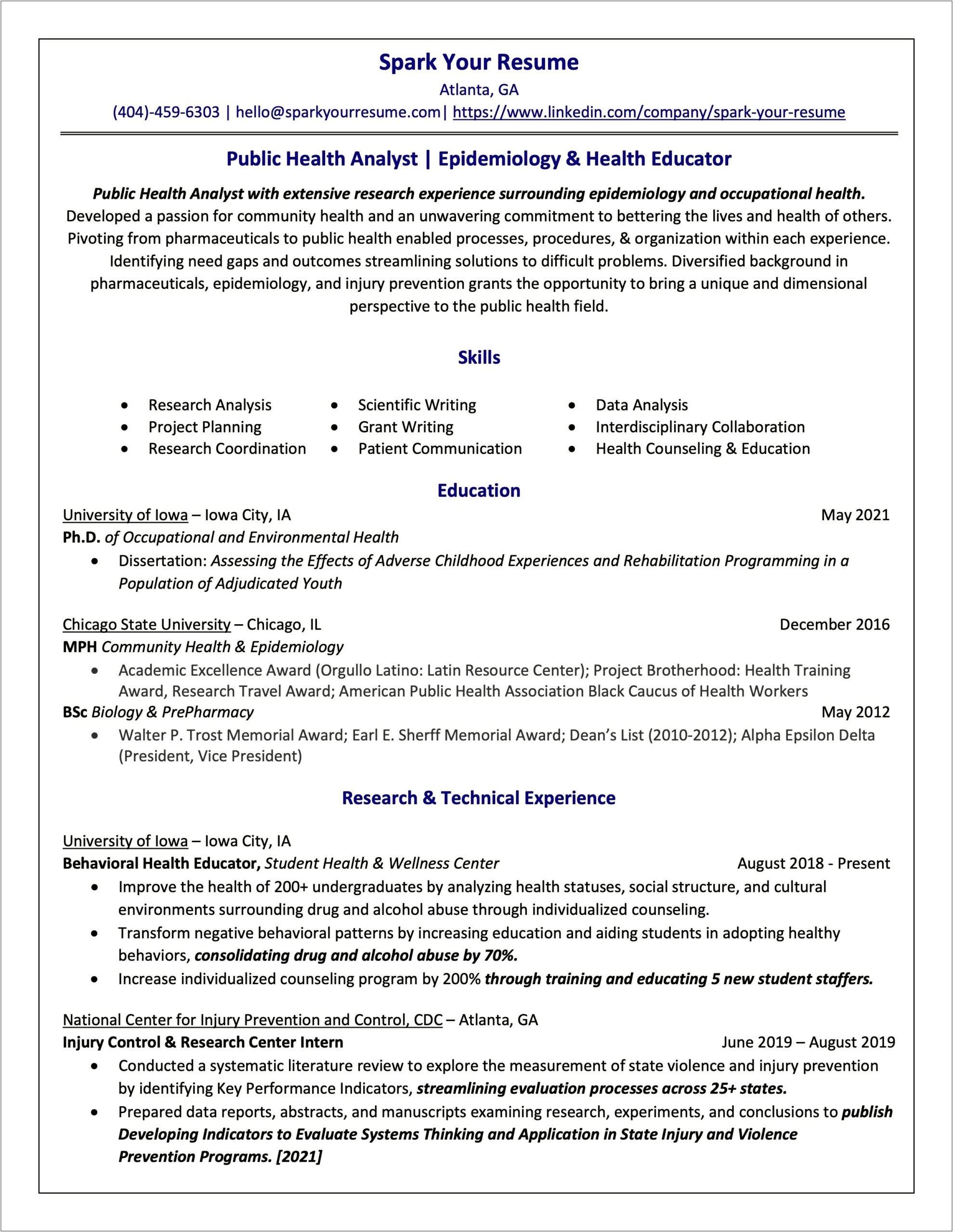 Public Health Resume Sample In Grant Writing