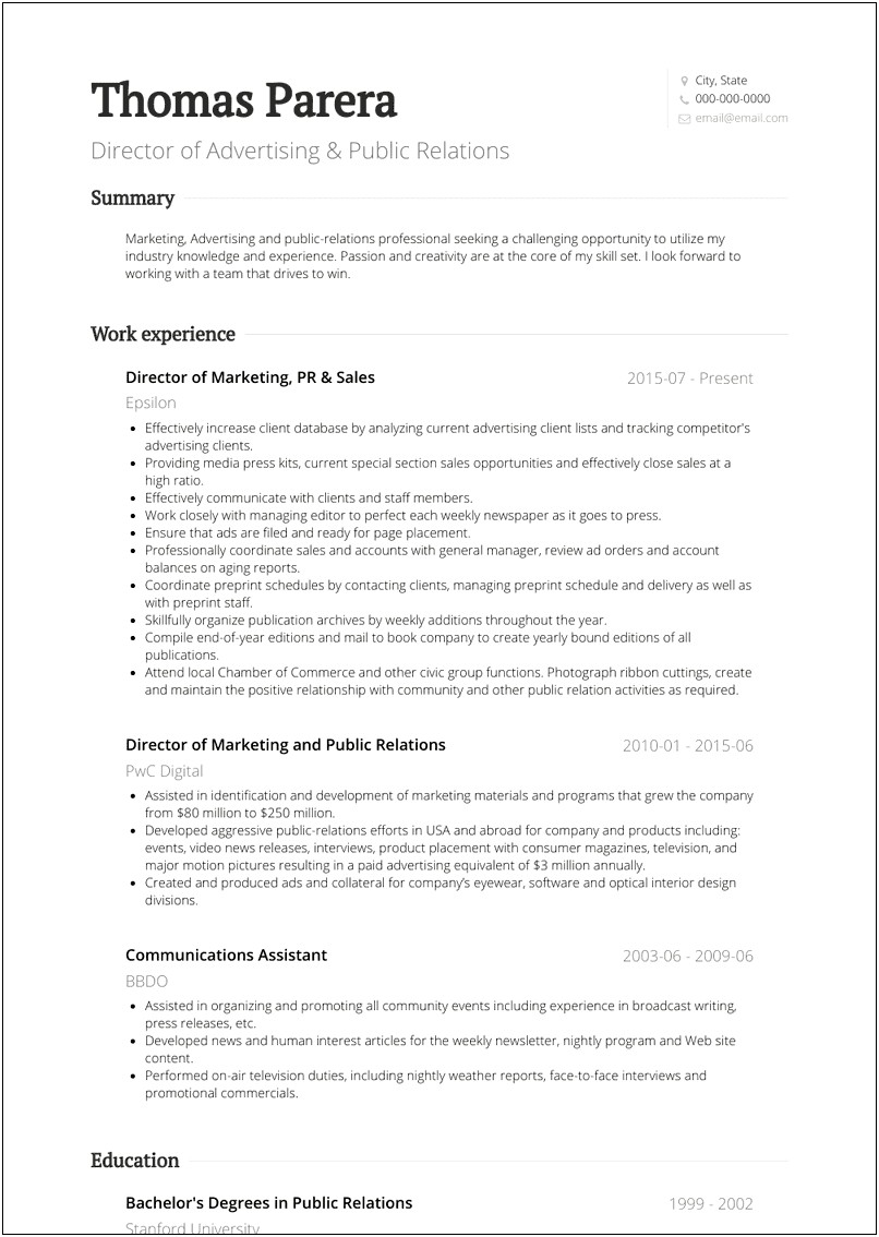 Public Relations Communications Resume Examples