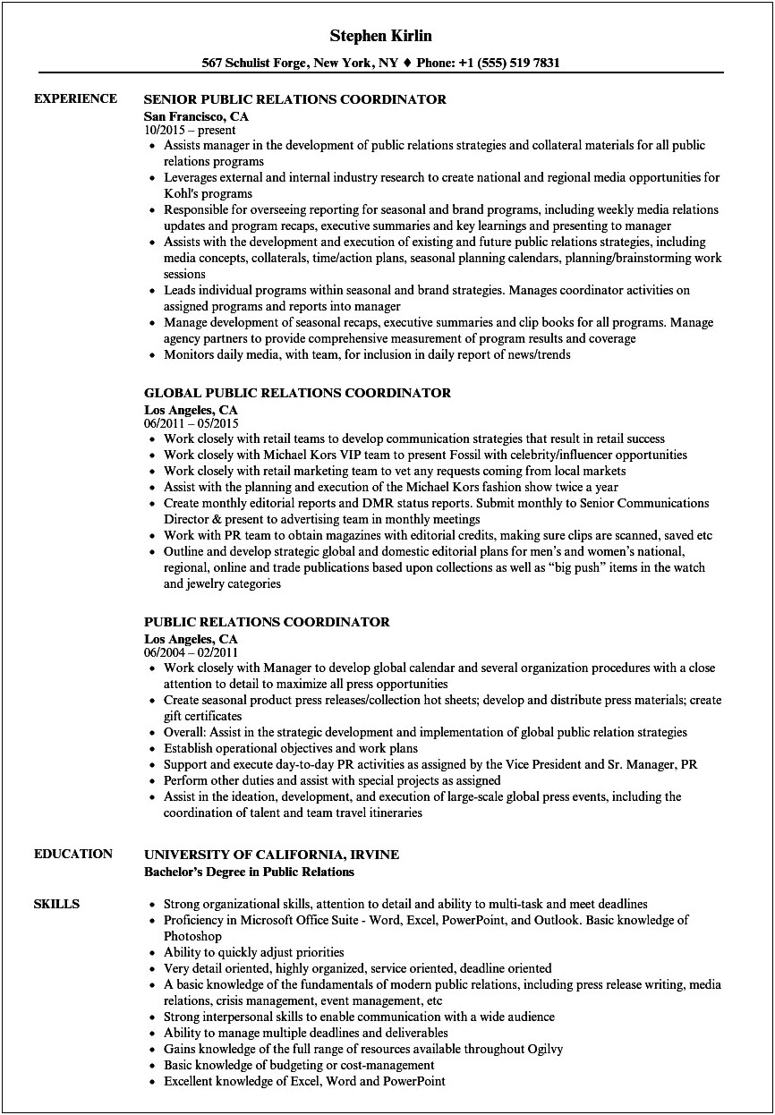 Public Relations Intern Job Description For Resume