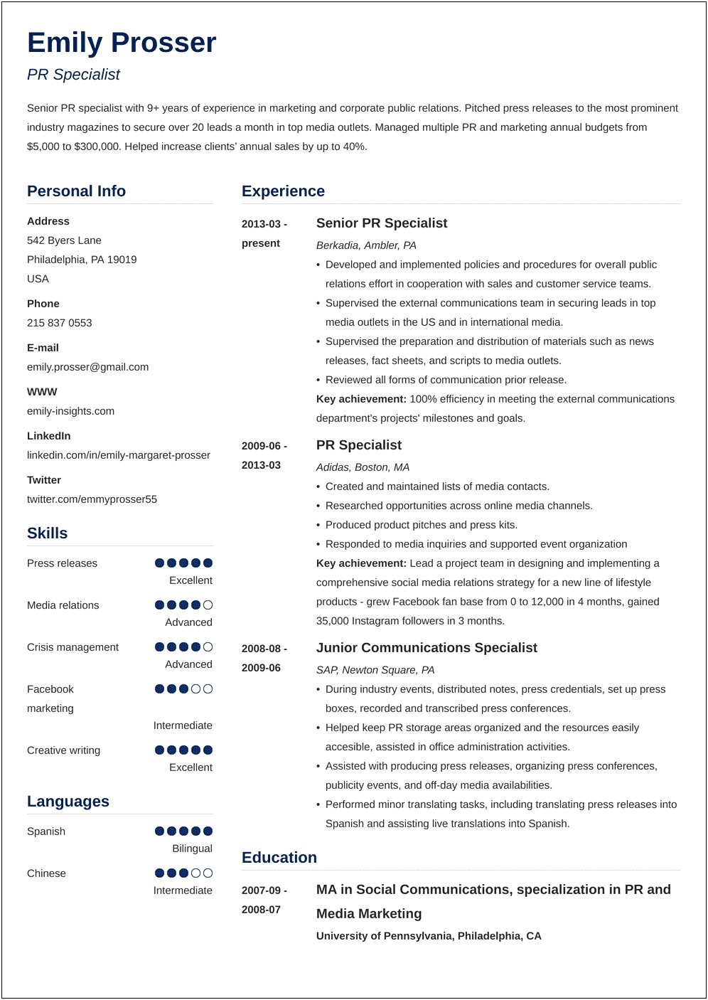 Public Relations Specialist Resume Objective