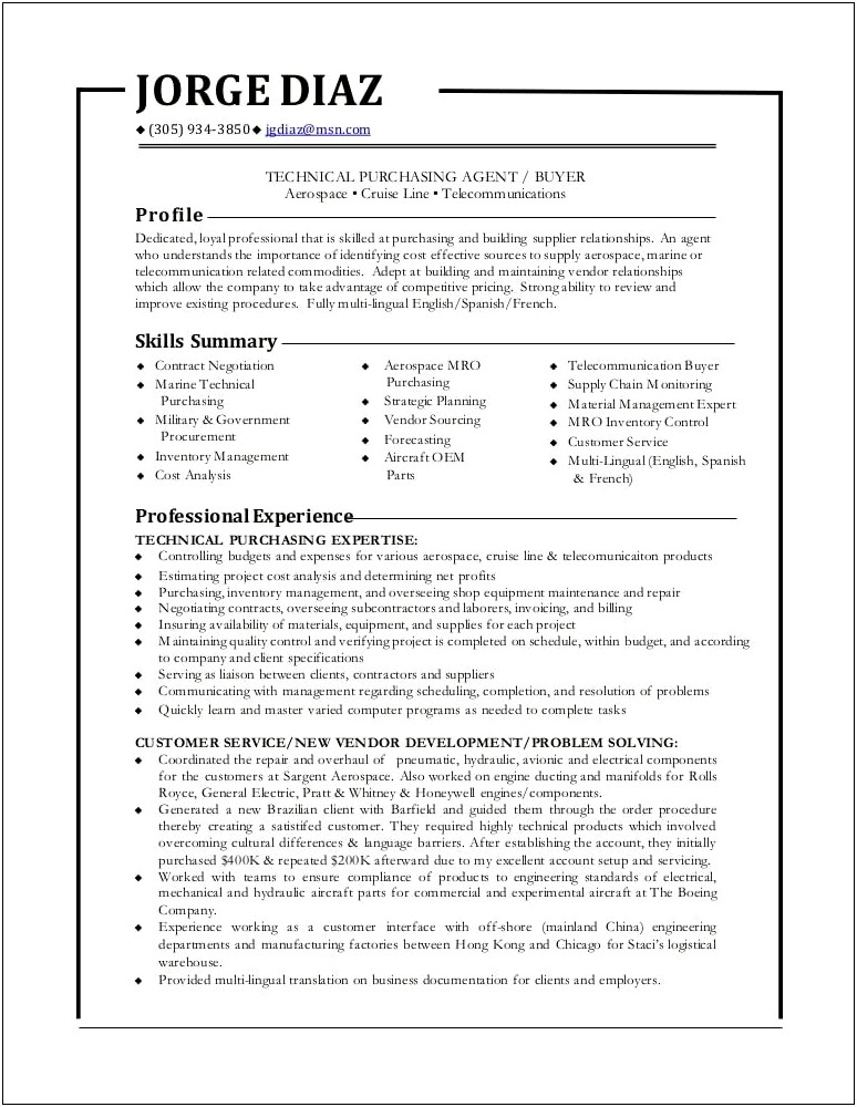 Purchasing And Inventory Management Resume