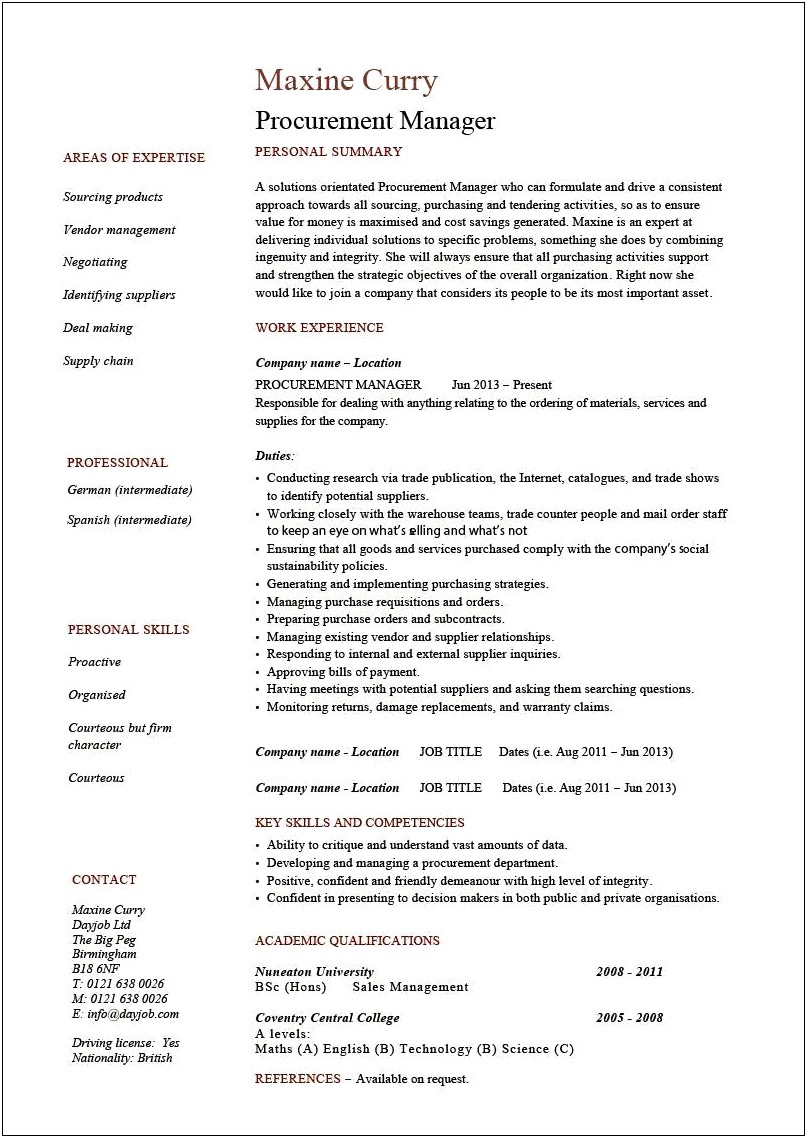 Purchasing And Logistics Manager Resume Samples