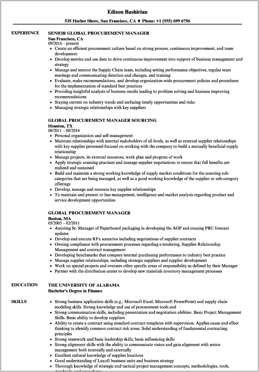 Purchasing Manager Job Description Resume