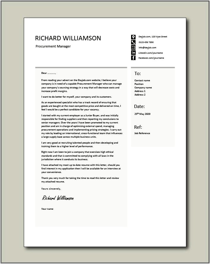 Purchasing Manager Resume Cover Letter