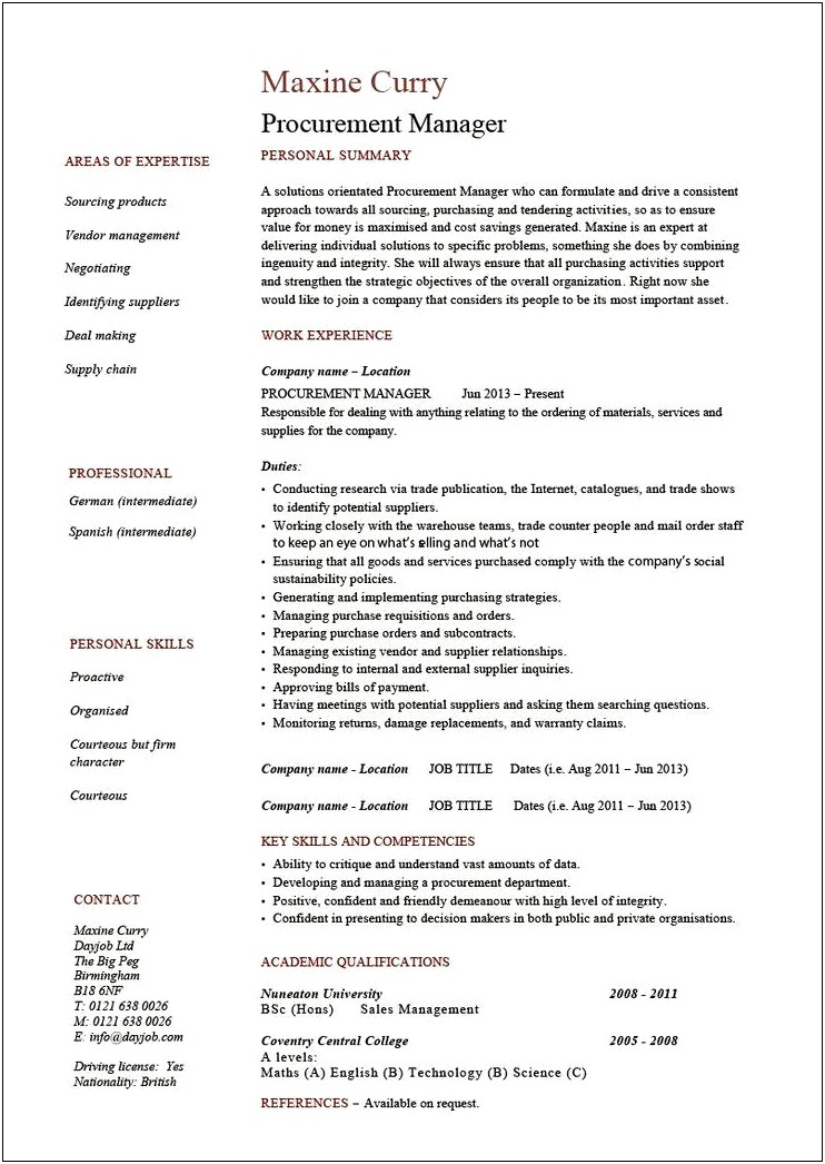 Purchasing Manager Sample Resume Template