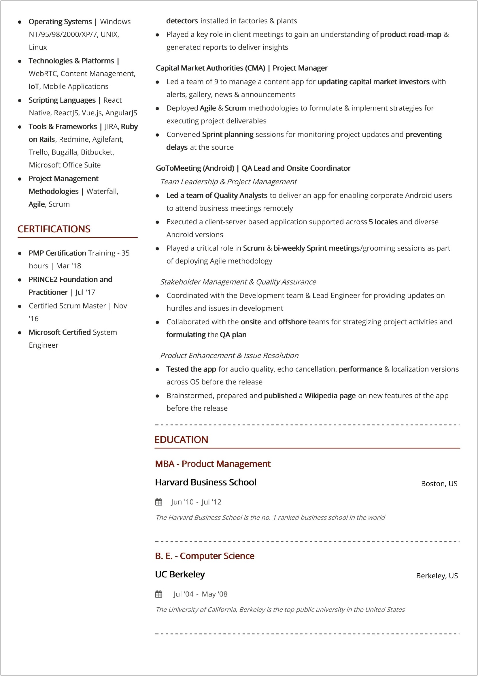 Qa To Product Manager Resume