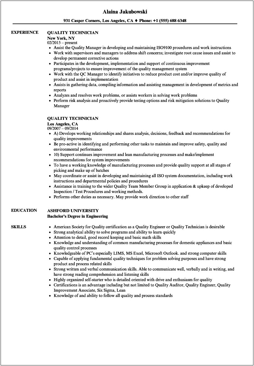 Qc Manufacturing Technician Resume Samples