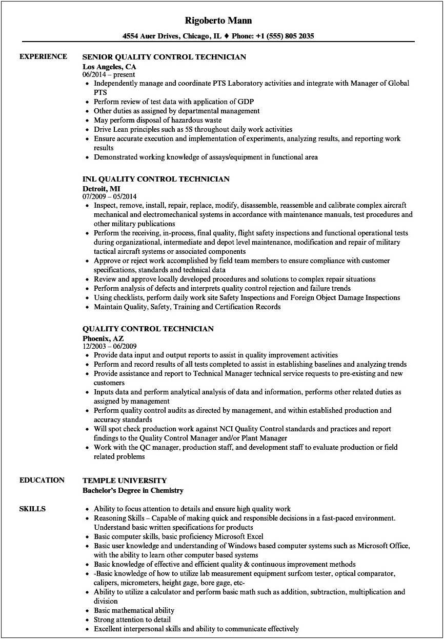 Qualioty Control As A Skill Resume