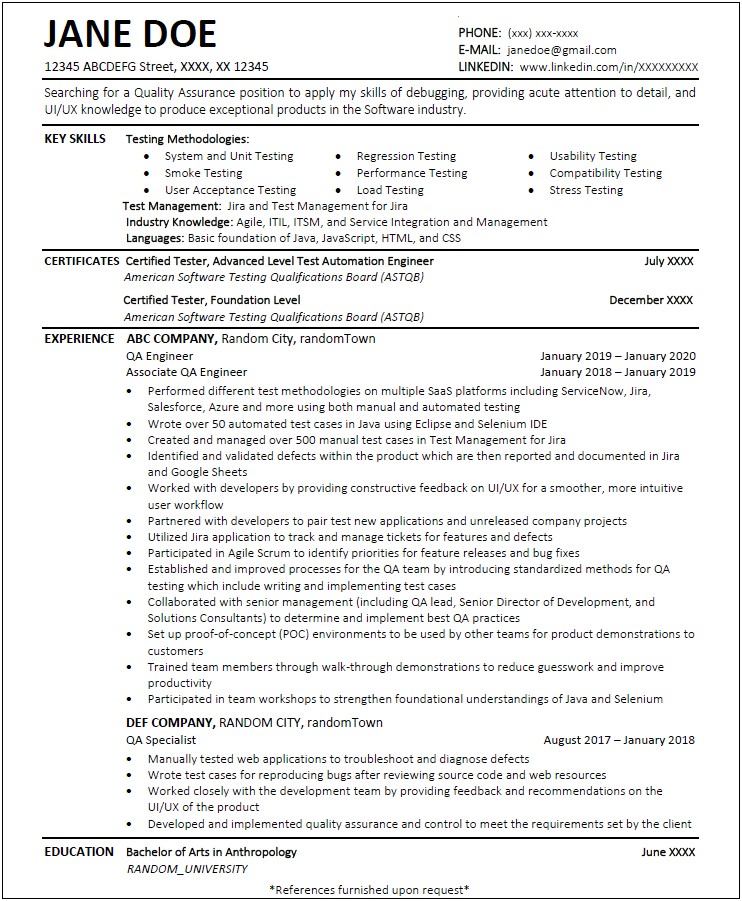 Quality Analyst Job Description Resume