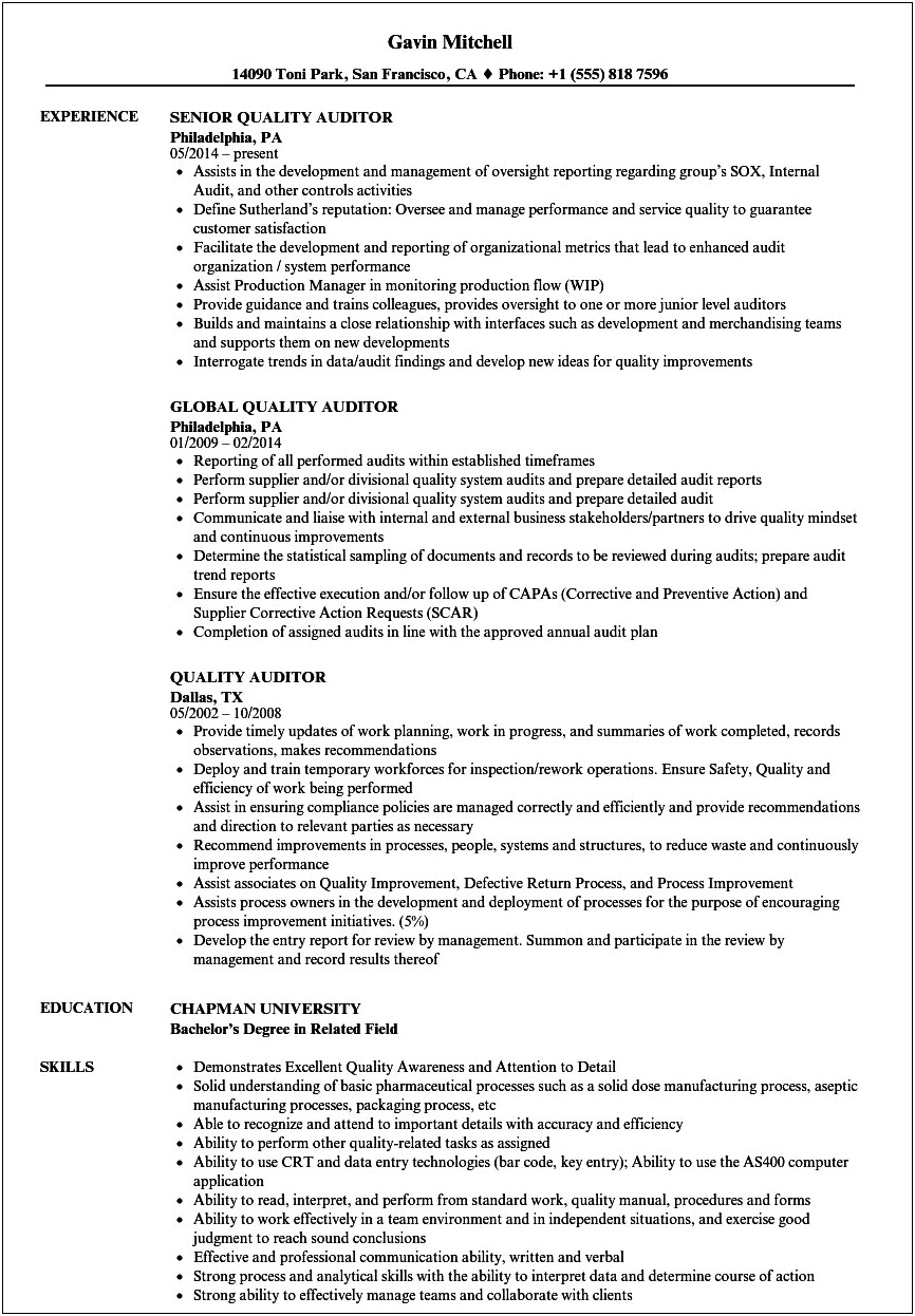 Quality Assurance Analyst Auditor Resume Free Download